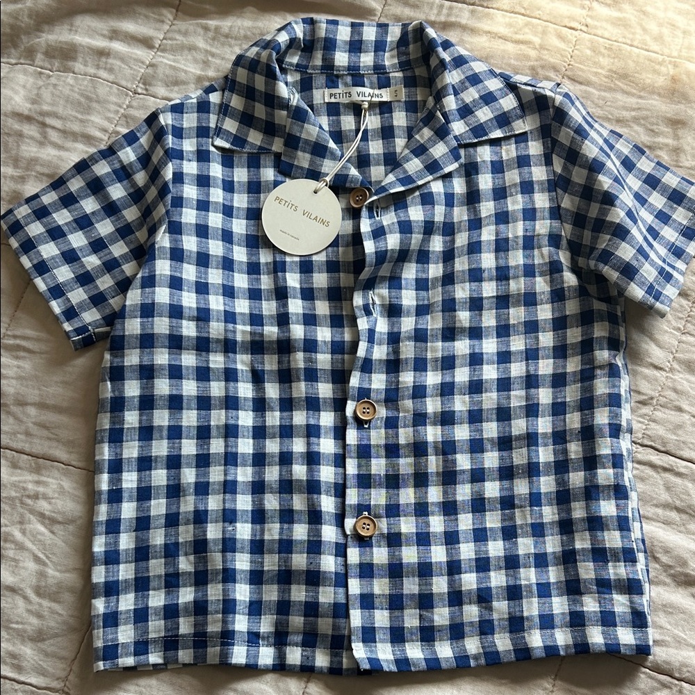 Petits Vilains Linen Navy Gingham Button Down Shirt 4/5